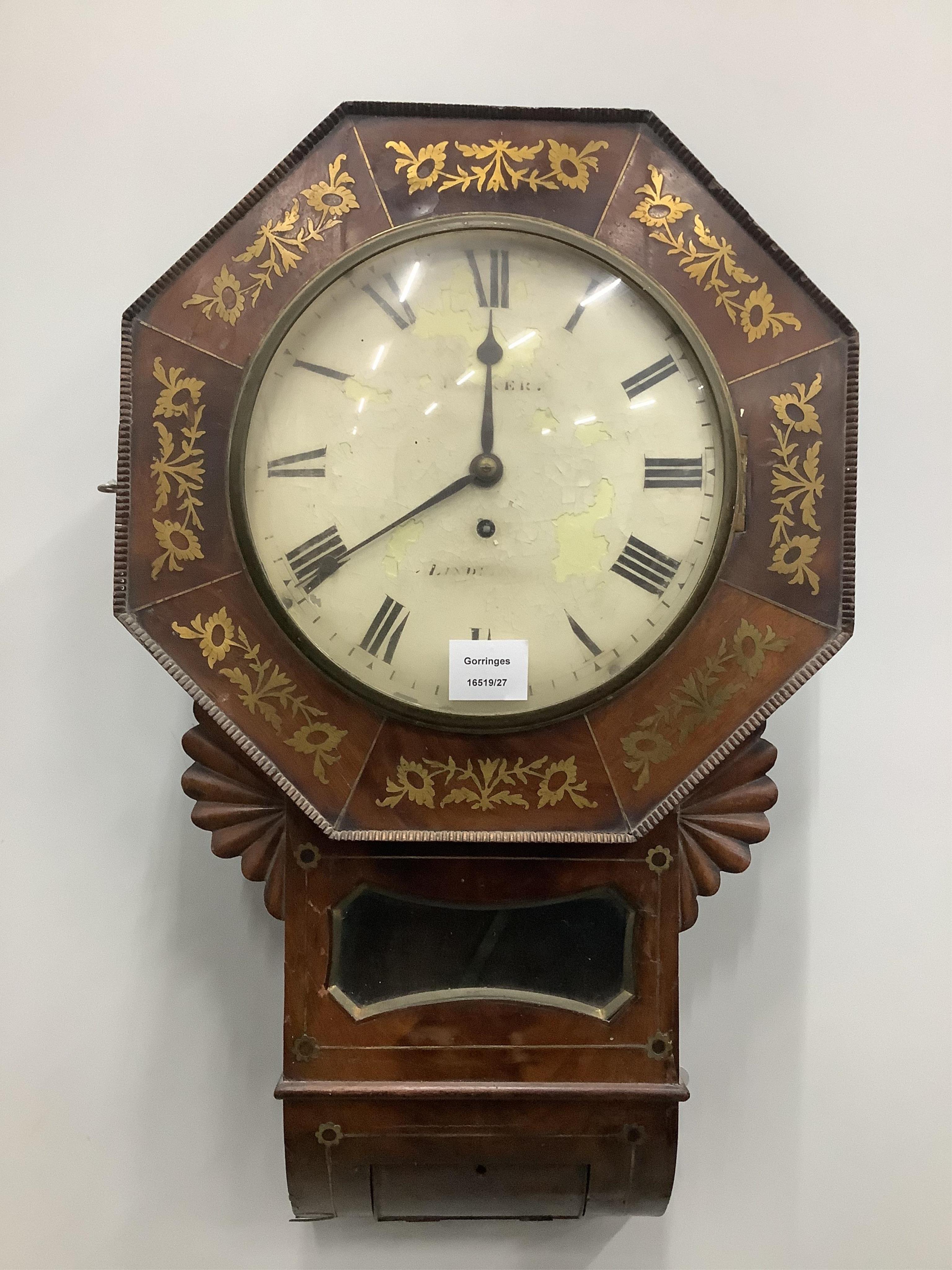 A late Regency cut brass inlaid mahogany single fusee drop dial wall timepiece, height 62cm. Condition - fair, some loose brass work, dial enamel cracking and illegible, pendulum present.